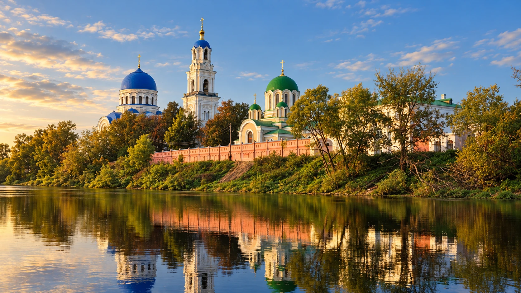 Храмы и колокольня на берегу реки в Калужской области в вечернем свете